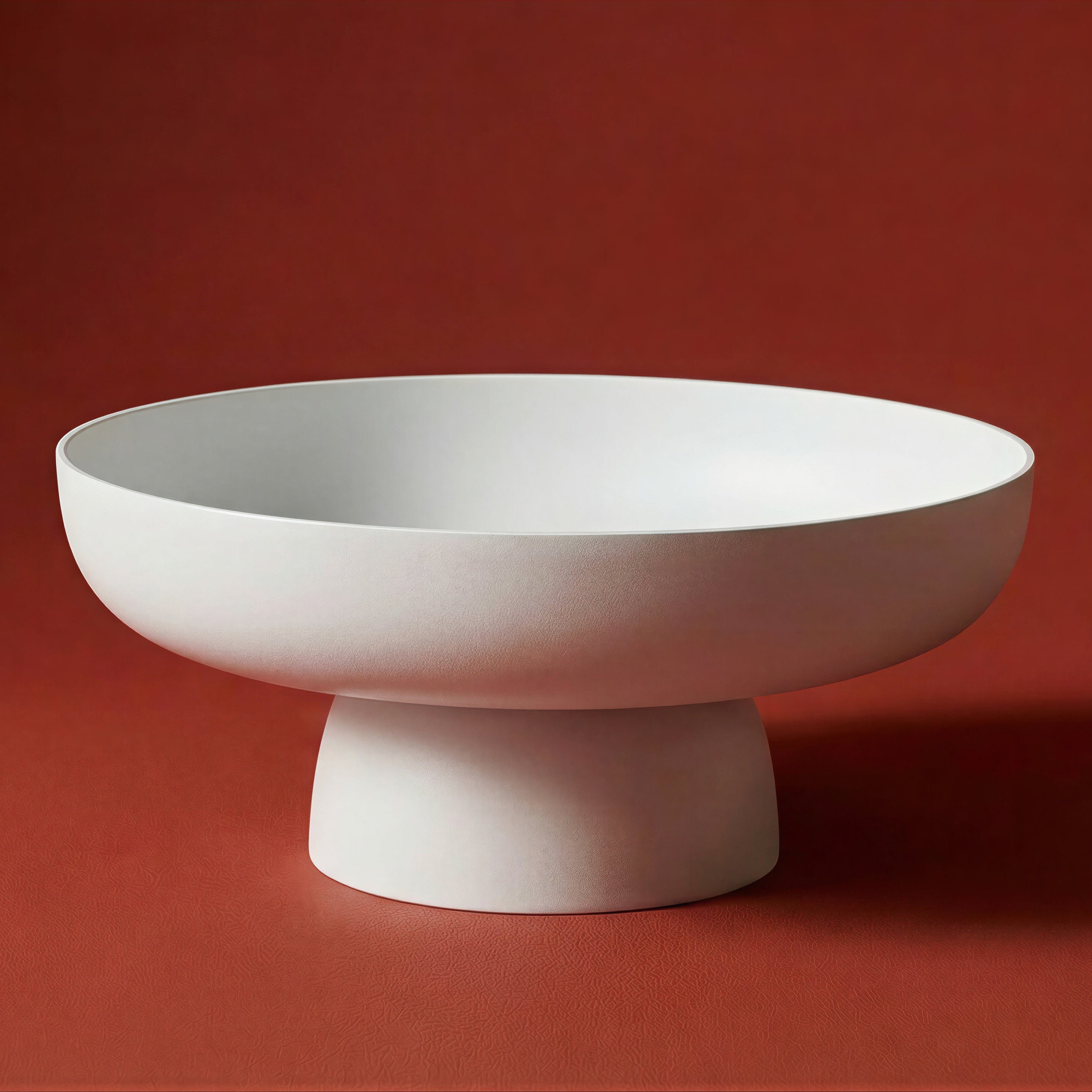Runda Bowl in Chalk by Maxim Vogel, a sculptural matte serving bowl photographed against a deep red background.