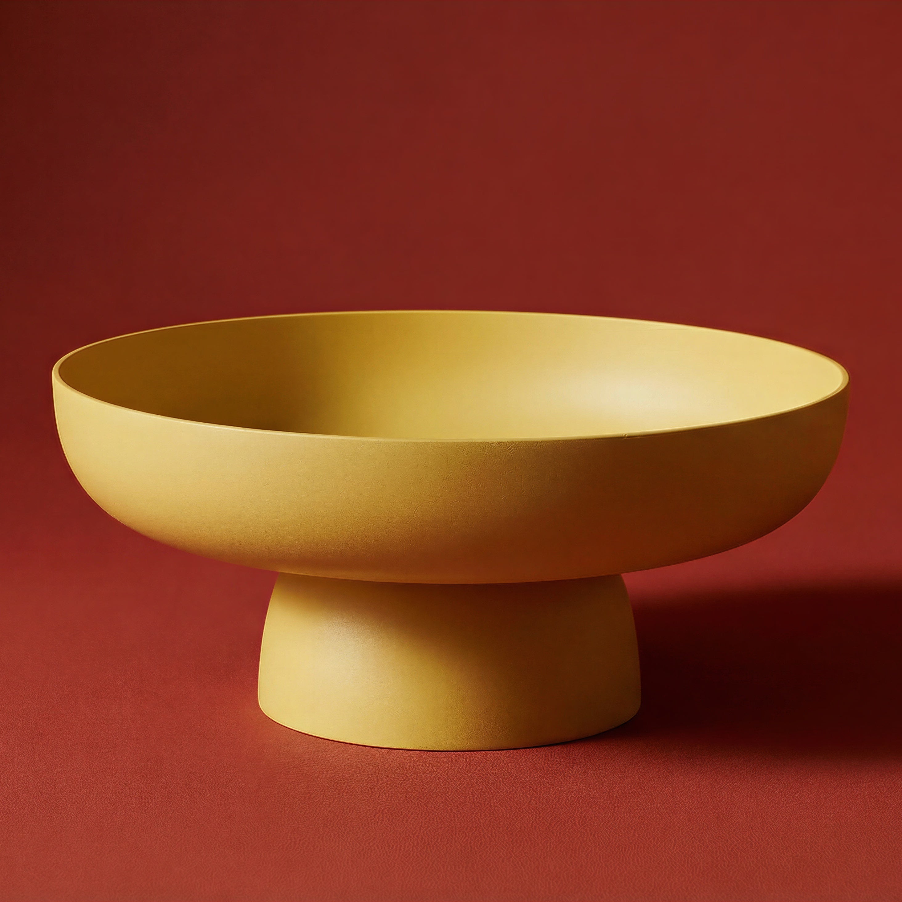 Runda Bowl in Citron by Maxim Vogel, a colourful matte fruit bowl photographed against a deep red background.